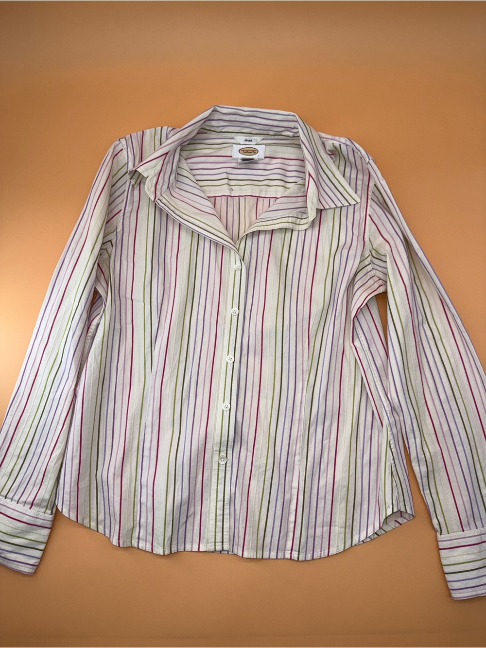 Talbots Striped Button Front White Pink GreenPurple Cotton Shirt Business Casual